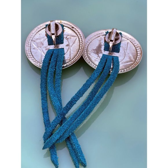 Vintage 1980s Concho Star Earrings With Blue Leather Tassels - Picture 3 of 10